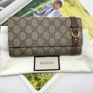 Authentic Gucci GG Supreme PVC Leather Beige Long Wallet W/Dustbag